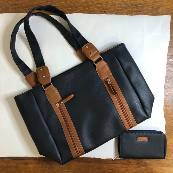 NWOT! Navy Blue & Brown Faux Leather Tote Bag w/ Matching Wallet - Picture 1 of 4